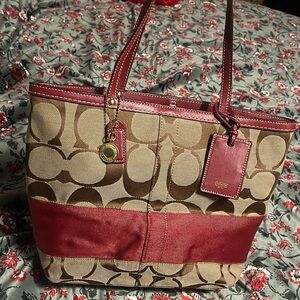 Coach Red and Tan Signature Tote